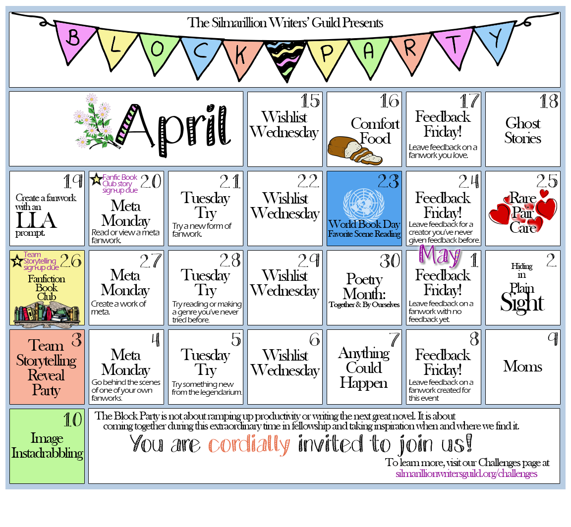 Block Party calendar - a text-only version of the calendar is below