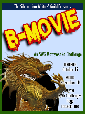 October 2018 SWG Challenge B-Movie banner showing a dragon-like monster in the style of a movie poster