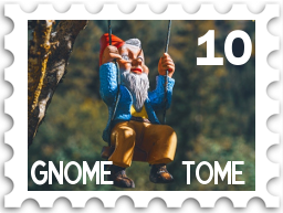 October 2021 SWG Challenge The Gnome Tome stamp - a garden gnome on a swing in an autumn setting with the words "Gnome Tome"