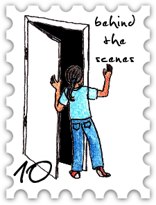 October 2017 Behind The Scenes SWG challenge stamp - Color illustration of a person peeking into a partially open door