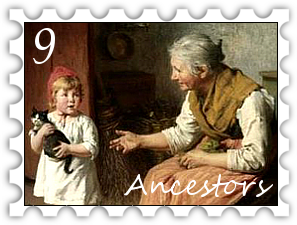 September 2017 Ancestors SWG challenge stamp - Painting of a grandmother talking to a young child holding a cat