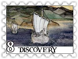 August 2018 Discover SWG challenge stamp - Black and white ink drawing of two ships on a watercolor background of dark blue sea and brown to dark green mountains