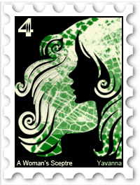 April 2017 Woman's Sceptre SWG challenge stamp - Illustration of Yavanna, with her face in black silhouette and her hair a green print reminiscent of leaves or reptile skin