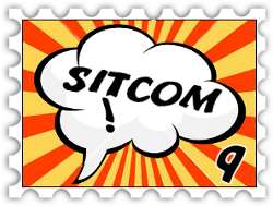 September 2018 Sitcom SWG challenge stamp - Comics-style speech bubble reading "Sitcom!" with a background of yellow and red stripes radiating behind it