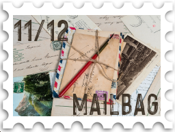 November/December 2022 Manwë's Mailbag SWG challenge stamp - color photo of a bundle of old letters tied up with string on top of several unfolded letters and postcards, with the text "Mailbag" and number 11/12