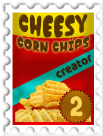 Stamp looks like a chips bag that reads, "Cheesy Corn Chips Creator," with a pile of potato chips