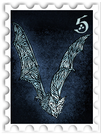 May 2023 Bestiary of Arda SWG challenge stamp - painting of a stylized bat, pale blue and white against a dark blue-grey background, with the number 5 in the upper right corner