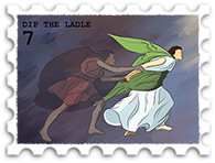 July 2023 Dip the Ladle challenge stamp - white-robed figure leads a brown-clad figure into wind