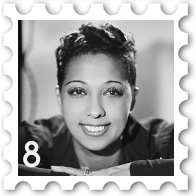 August 2023 Roaring Twenties SWG challenge stamp - a black and white photo of Josephine Baker, with the number 8 in the lower left corner