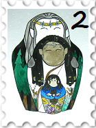 February 2024 Meet & Greet SWG challenge stamp -  illustration of three nesting dolls. The largest is at the back and is a silver-haired elf wearing a diadem; there is a forest around him. The middle is a dark-haired elf wearing white and carrying a bow. The smallest in front is a dark-haired elf with the body of the doll showing an intricate colorful scene.