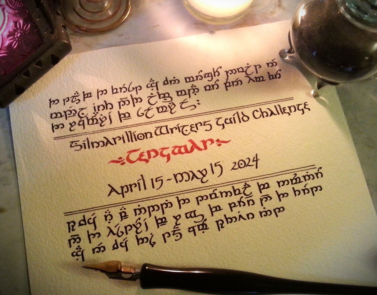 SWG Tengwar challenge banner - parchment with two bands of tengwar calligraphy. In between is the text "Silmarillion Writers' Guild Challenge Tengwar  April 15 - May 15 2024"