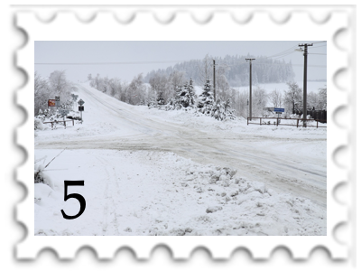 May 2024 Crossroads of the Fallen King SWG challenge stamp - photo of snowy crossroads in a rural region with the number 5 in the lower left corner