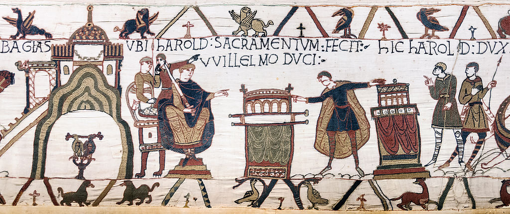  Scene from the Bayeux Tapestry of Harold swearing an oath on holy relics to William, Duke of Normandy