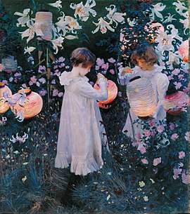 John Singer Sargent: Carnation, Lily, Lily, Rose (1885) Oil painting of two children dressed in white, lighting lamps in a flower garden.
