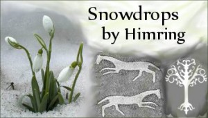Banner featuring snowdrops, white horses, the white tree of Gondor (left to right) and author and title
