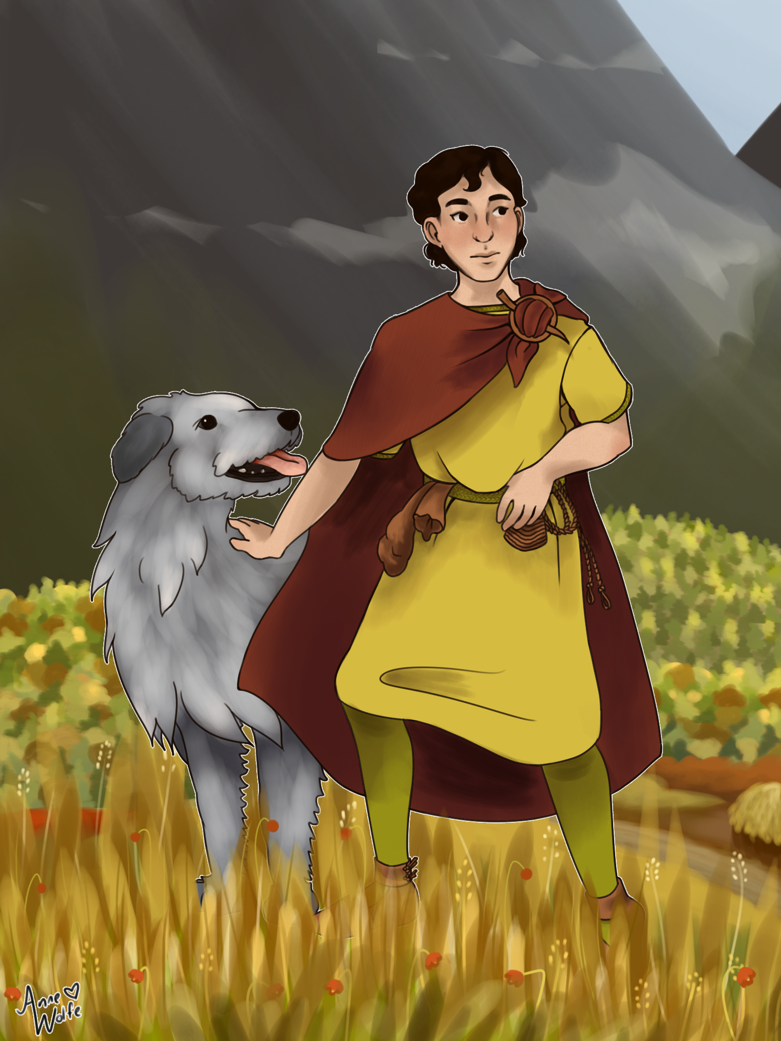 An artwork of Drust, a Dunlending boy dressed in medieval-European-style clothes, and Lleucu, a light gray Irish wolfhound, walking through a field in autumn. Drust is carrying a leather sling and bag of stones. In the background, from farthest to nearest, is a mountain range blotting out most of the sky, a hill covered in coniferous trees, a hill covered in both coniferous and deciduous trees, a hill covered in crop fields with a small cabin, and a hill covered in grasses and red flowers.