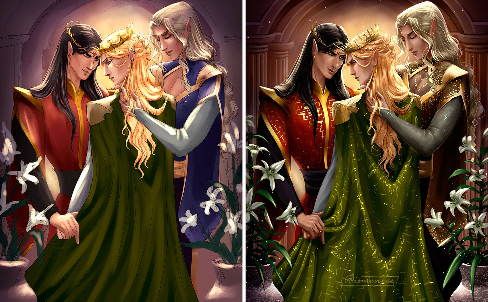 On Autumn's Pyre by Ismene. Left: half-finished drawing for TRSB 2022 with sketch on rough coloring; right: final rendering of On Autumn’s Pyre.
