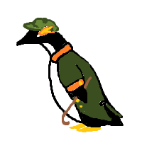 MS Paint - a penguin wearing a green hat and coat, carrying a walking cane