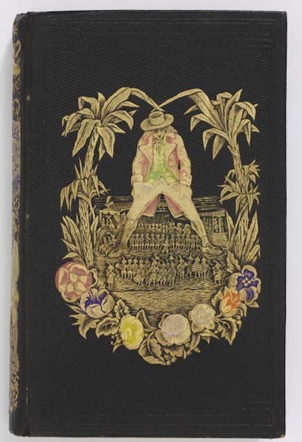 a dark gray book cover with a floral border and Gulliver straddling the Lilliputian army