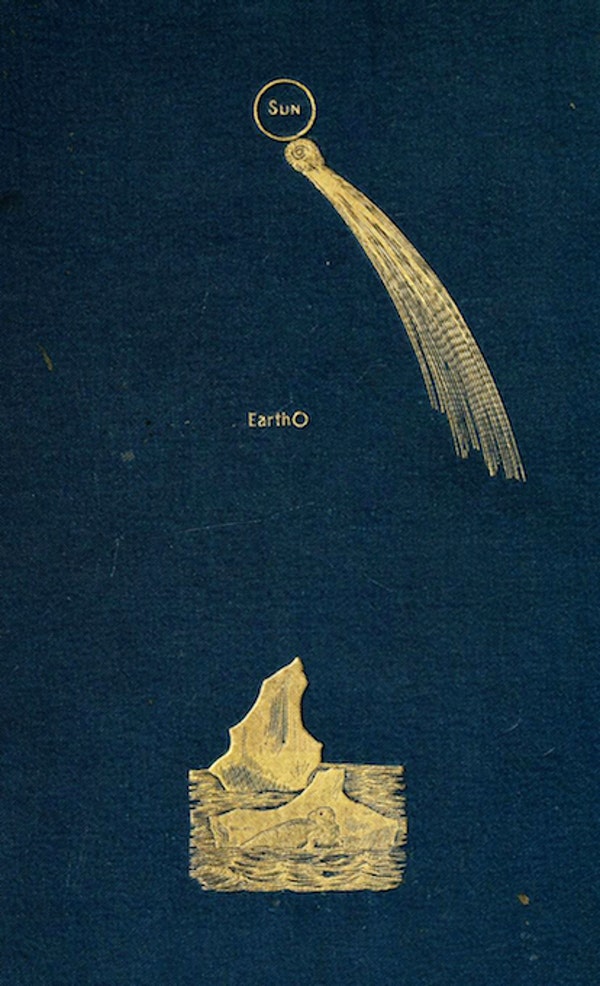 a dark blue book cover with gold ornamentation shows a small circle labeled Sun at the top with a comet approaching it, a smaller circle in the middle labeled Earth, and at the bottom an ocean with two icebergs