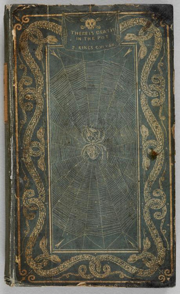 a gray book cover with a spiderweb in the center that includes a spider and captured fly, a border of entwined snakes, and the words at the top There Is Death in the Pot