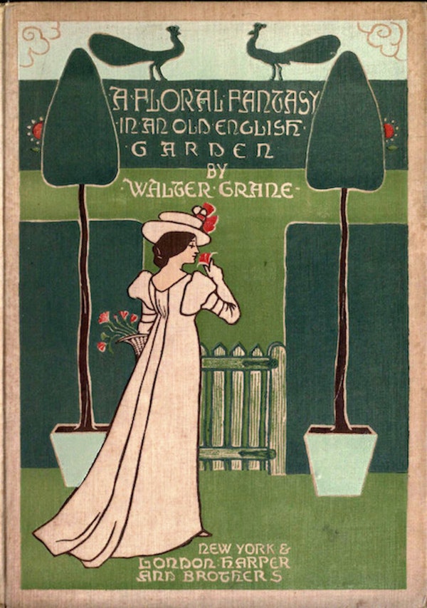 a woman seen from the back in a pink gown and hat sniffs a flower in front of a gate in a hedgerow framed by two topiary trees in pots and two peacocks seen in profile, with the title A Floral Fantasy in an Old English Garden