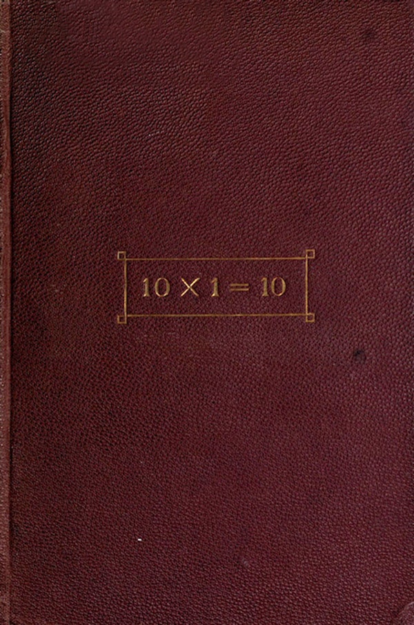 a maroon leather book cover with the expression 10 x 1 = 10 in the middle inside a rectangle