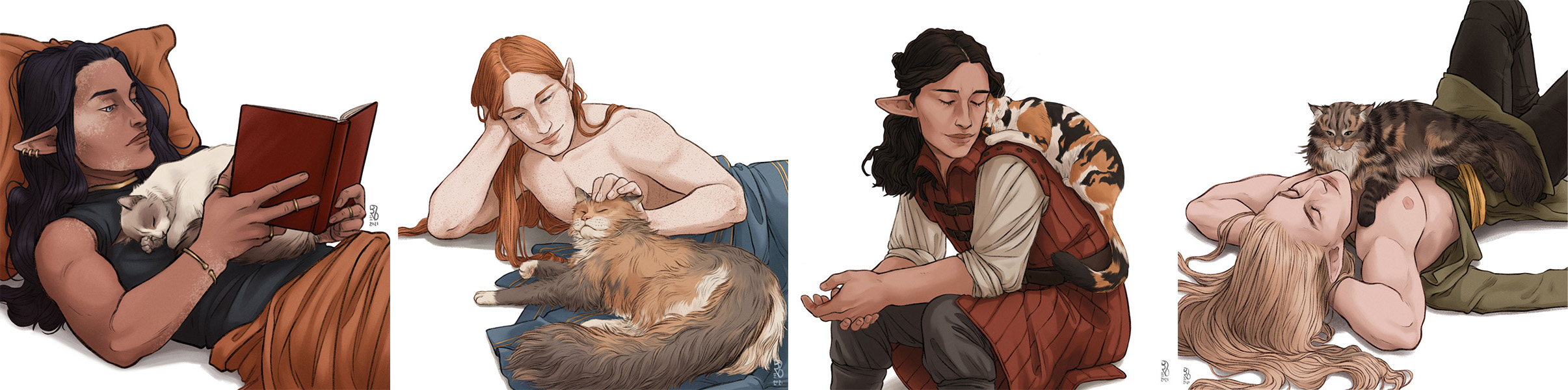 From left to right: Caranthir with a Ragdoll cat; Maedhros with Maine Coon; Maglor with a Calico Cat; Celegorm with a Norwegian Forest Cat by Dorothea/Busymagpie