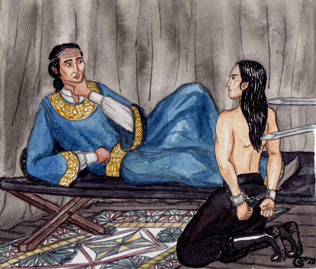 Painting by Lyra of Ar-Pharazon reclining on a camp bed while a captured Sauron kneels in shackles at his feet.