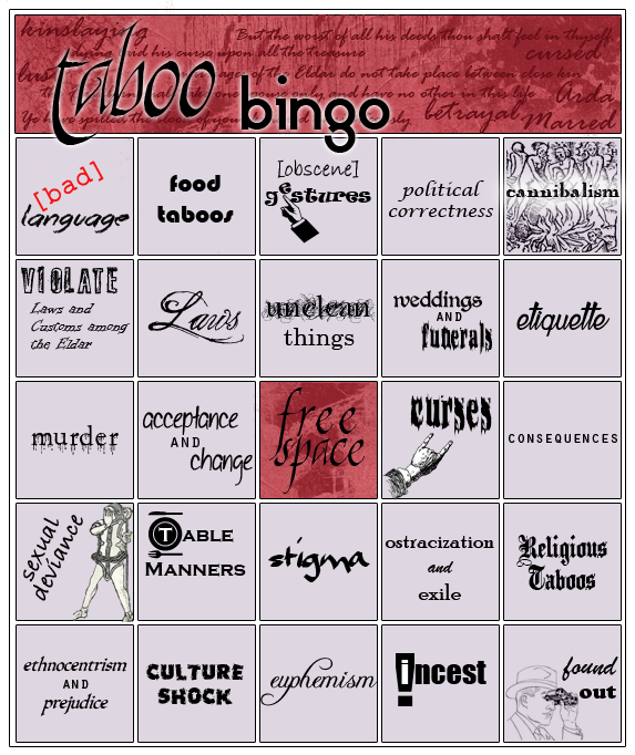 Taboo challenge bingo card - see below for text-only prompts