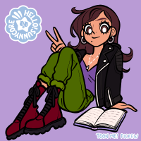 A cartoon drawing of a woman with tan-ish skin, brown hair, and brown eyes. She is sitting with an open book and flashing the peace sign. 