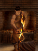 Female blacksmith Gereth working. Open forge in the background. 