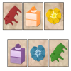 Six playing card designs. Clockwise, from top left: a red pig, an orange cake, a yellow flower, a green pig, a blue flower, and a purple cake.