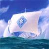 an image of vingilot sailing the sea, a white ship with a white sail with earendil's blue sigil in the center, on dark blue waves with blue sky and white clouds in the background