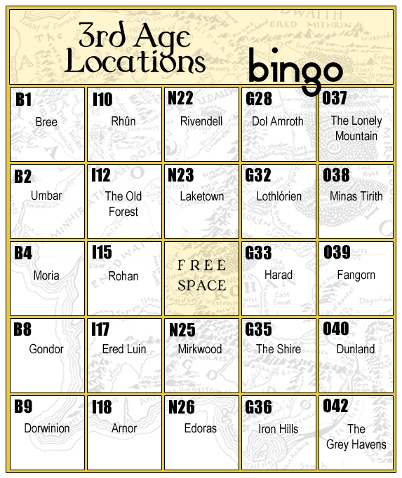 Tolkien Femslash Week 2016 Third Age Locations bingo card