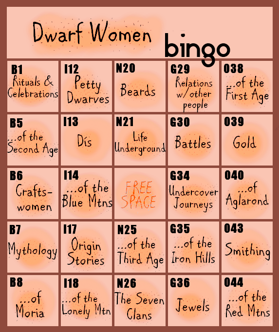 Tolkien Femslash Week 2016 Dwarf Women bingo card