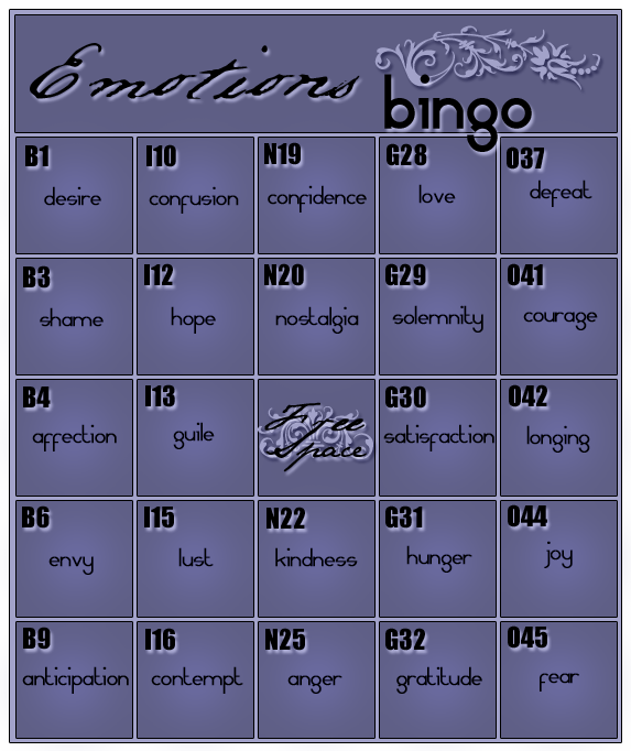 Tolkien Femslash Week 2016 Emotions bingo card