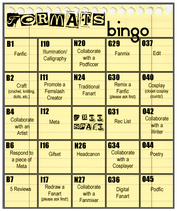 Tolkien Femslash Week 2016 Formats bingo card