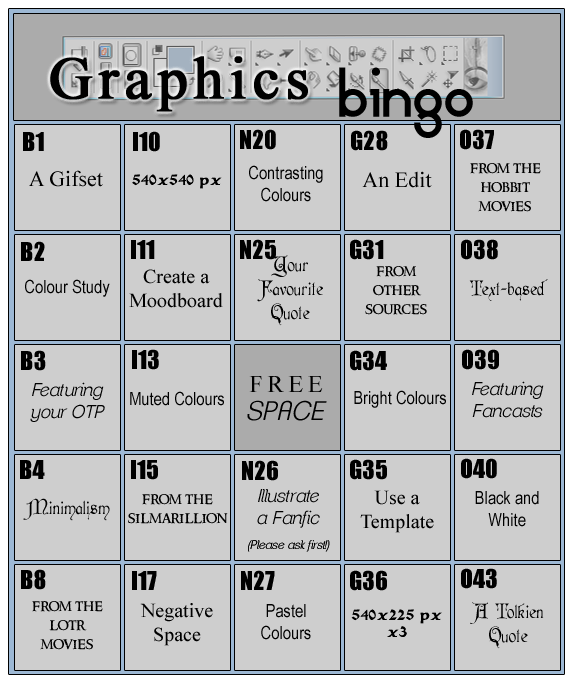Tolkien Femslash Week 2016 Graphics bingo card