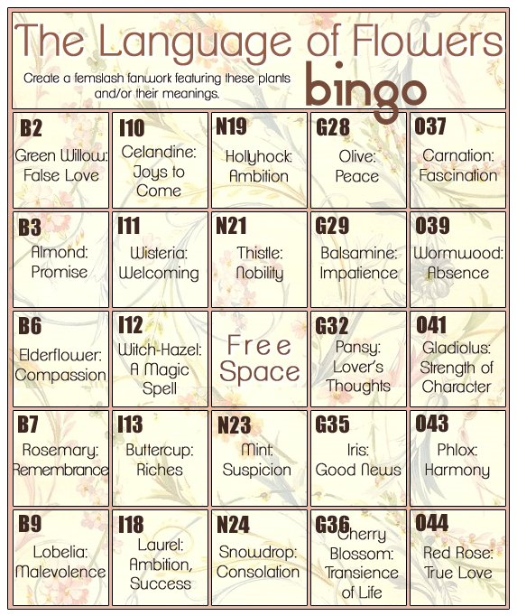 Tolkien Femslash Week 2016 Language of Flowers bingo card