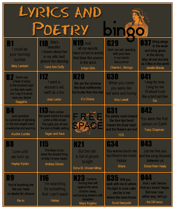 Tolkien Femslash Week 2016 Lyrics and Poetry bingo card