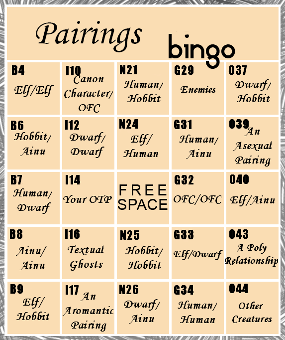 Tolkien Femslash Week 2016 Pairings bingo card