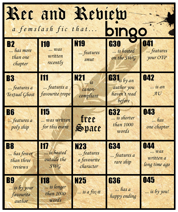 Tolkien Femslash Week 2016 Rec and Review bingo card