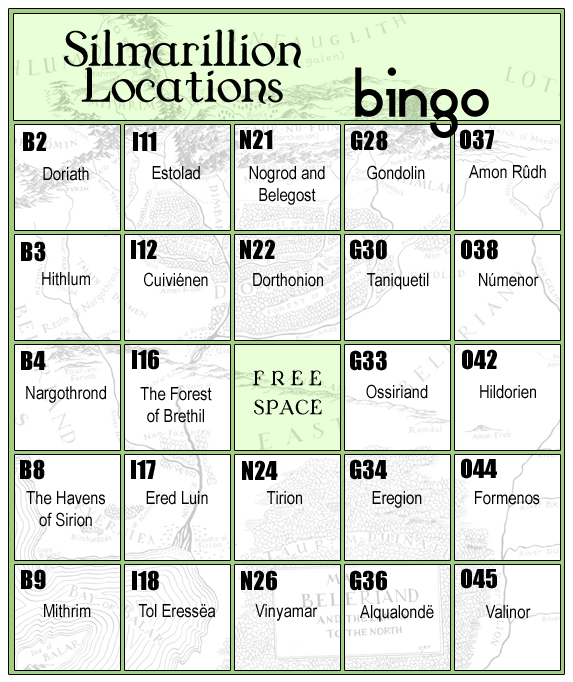 Tolkien Femslash Week 2016 Silmarillion Locations bingo card
