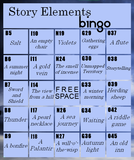 Tolkien Femslash Week 2016 Story Elements bingo card