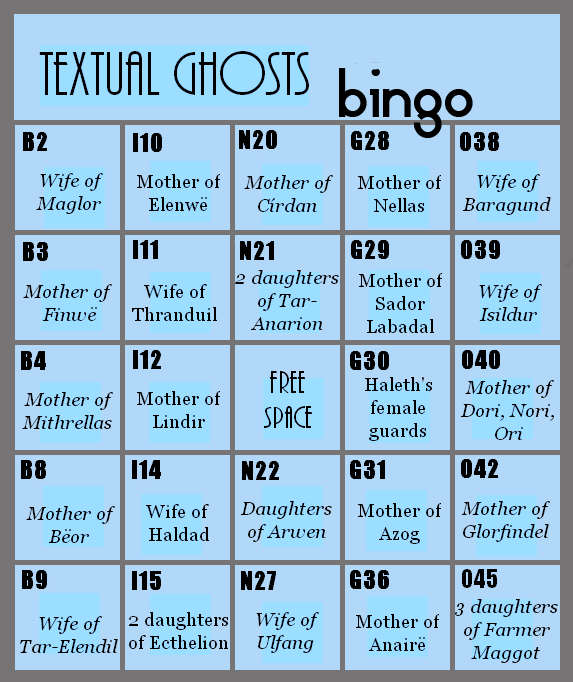 Tolkien Femslash Week 2016 Textual Ghosts bingo card