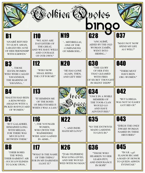 Tolkien Femslash Week 2016 Tolkien Quotes bingo card