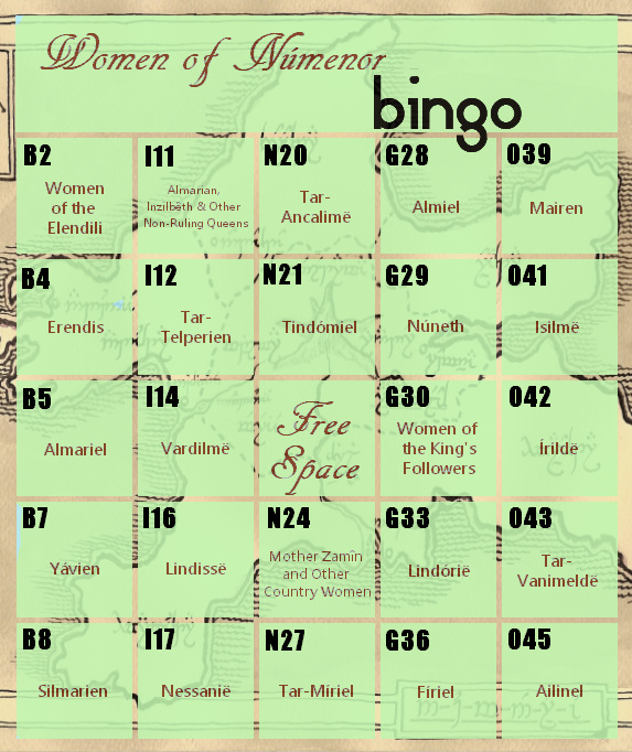 Tolkien Femslash Week 2016 Women of Numenor bingo card