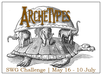 May 2020 SWG Archetypes challenge banner with a pencil drawing of the world turtle creation myth