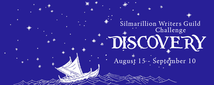 August 2018 SWG challenge Discovery banner with a white Polynesian ship on a blue background with constellations